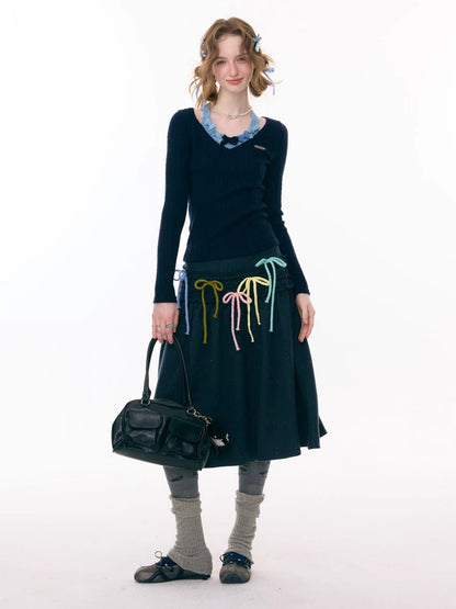 Multi-Colored Bow Fungus High-Waisted Slimming Mid-Length Skirt【s0000015304】