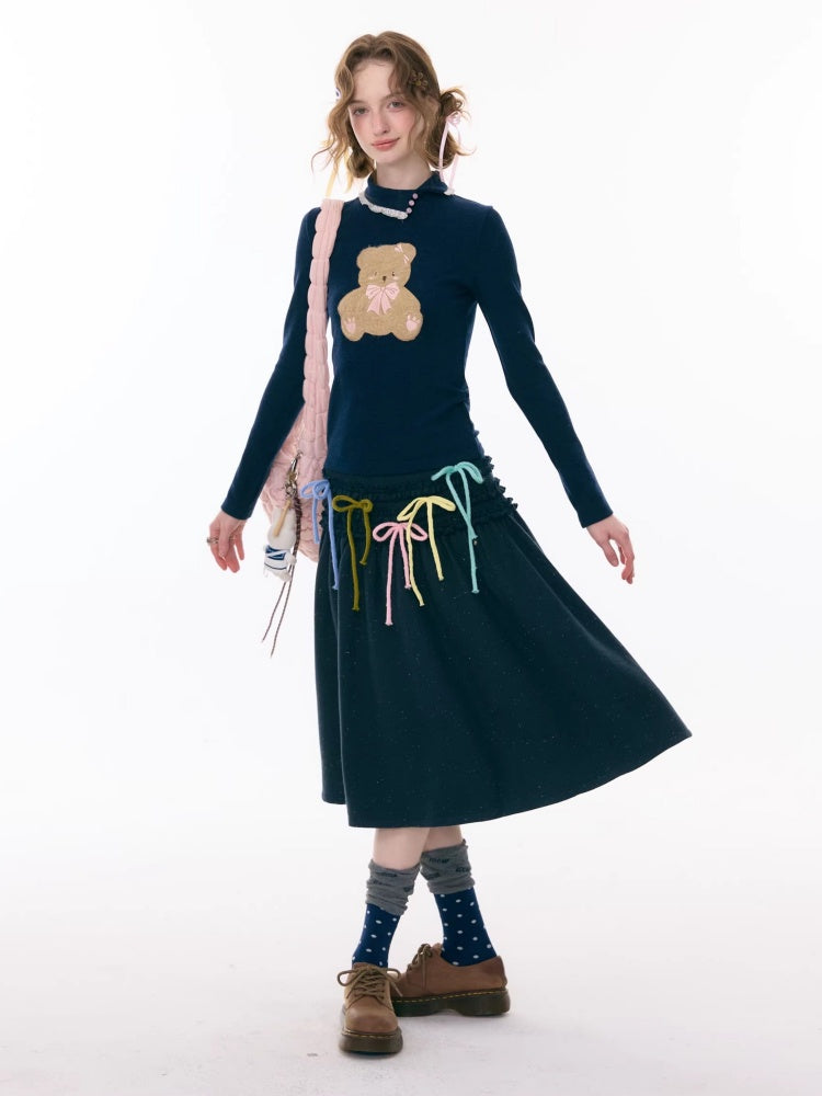 Multi-Colored Bow Fungus High-Waisted Slimming Mid-Length Skirt【s0000015304】
