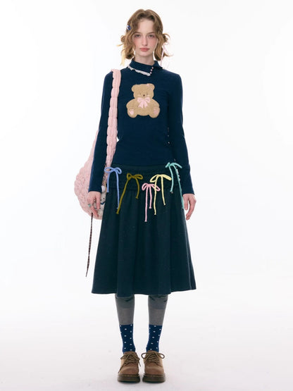 Multi-Colored Bow Fungus High-Waisted Slimming Mid-Length Skirt【s0000015304】