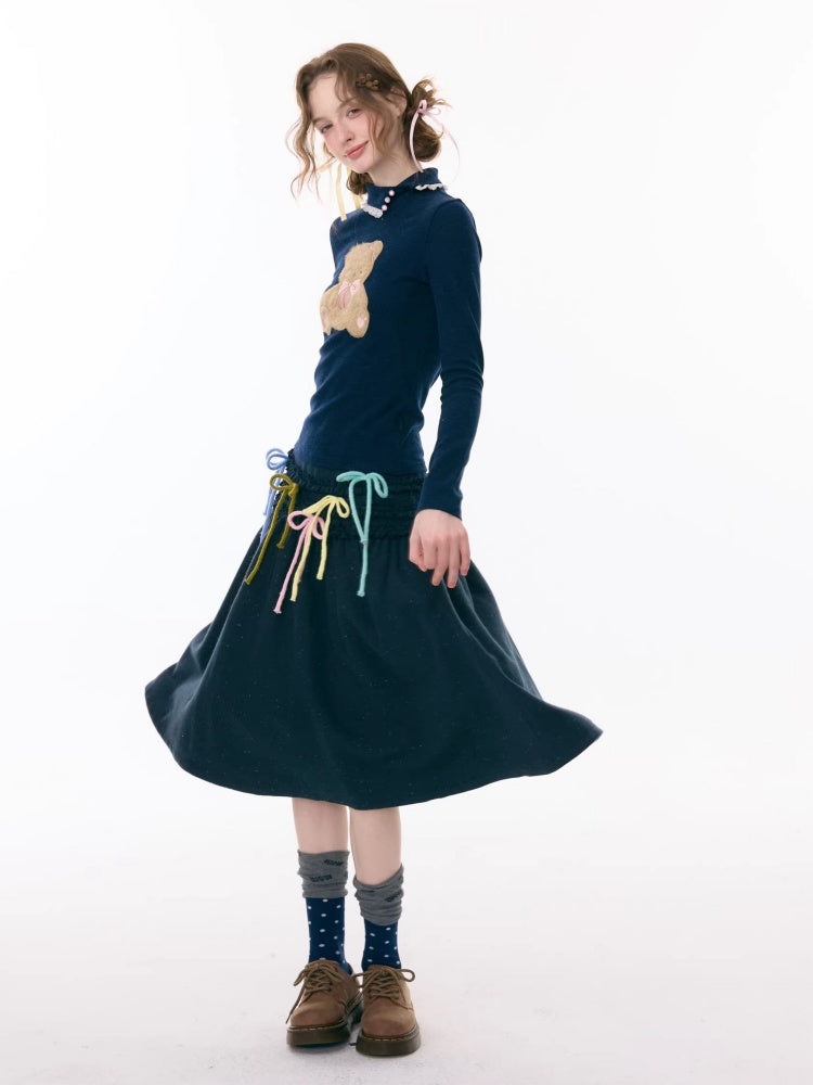 Multi-Colored Bow Fungus High-Waisted Slimming Mid-Length Skirt【s0000015304】
