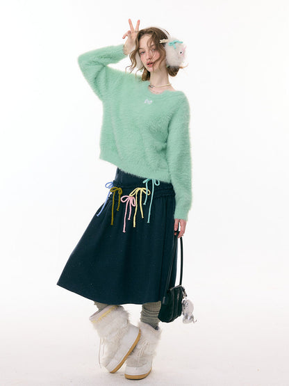 Multi-Colored Bow Fungus High-Waisted Slimming Mid-Length Skirt【s0000015304】