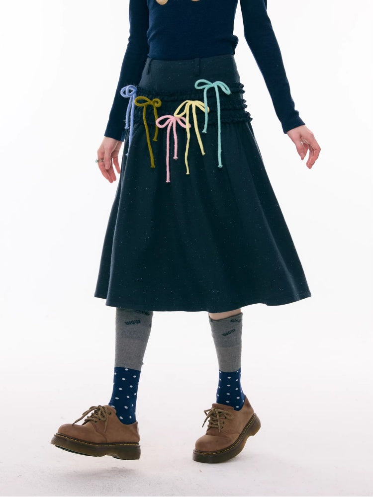 Multi-Colored Bow Fungus High-Waisted Slimming Mid-Length Skirt【s0000015304】