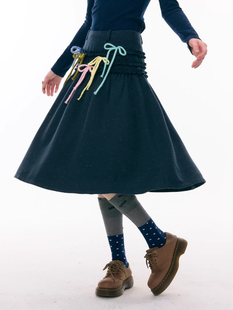 Multi-Colored Bow Fungus High-Waisted Slimming Mid-Length Skirt【s0000015304】