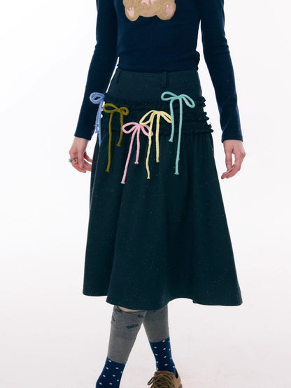 Multi-Colored Bow Fungus High-Waisted Slimming Mid-Length Skirt【s0000015304】