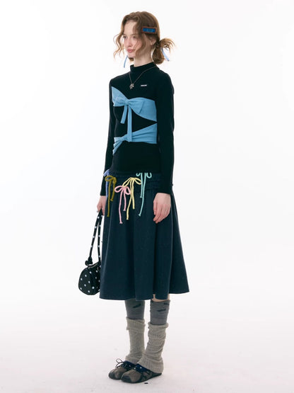 Multi-Colored Bow Fungus High-Waisted Slimming Mid-Length Skirt【s0000015304】