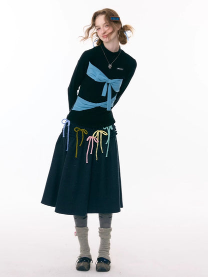 Multi-Colored Bow Fungus High-Waisted Slimming Mid-Length Skirt【s0000015304】