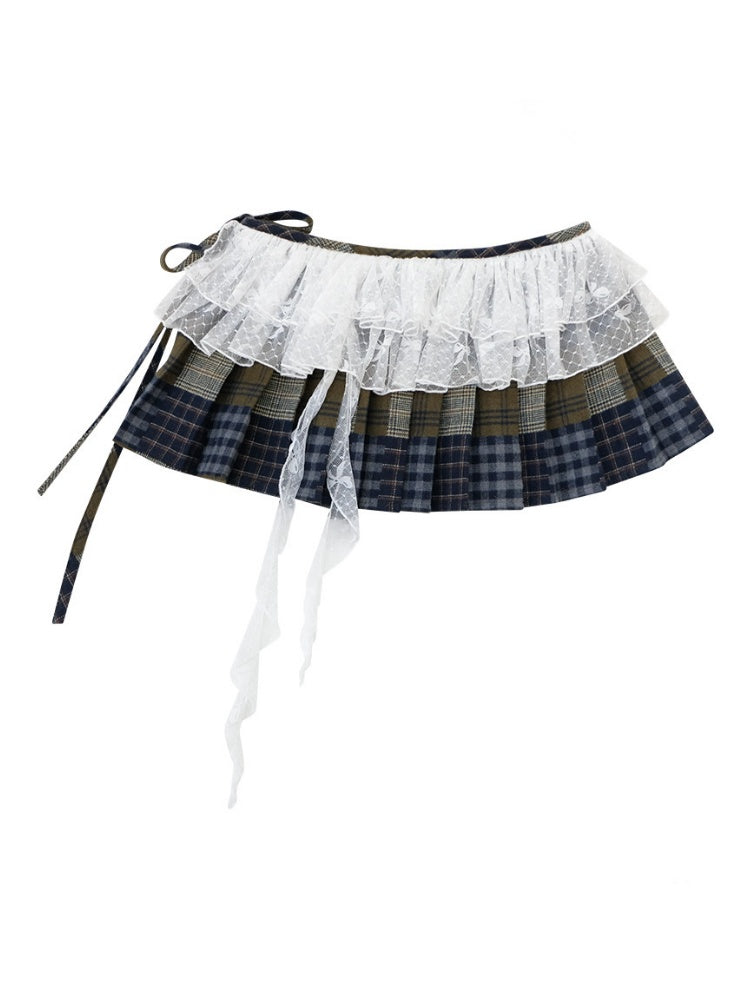 Multi-Plaid Deconstruction Splicing Double-Layer Lace Wandering Fart Curtain【s0000015305】
