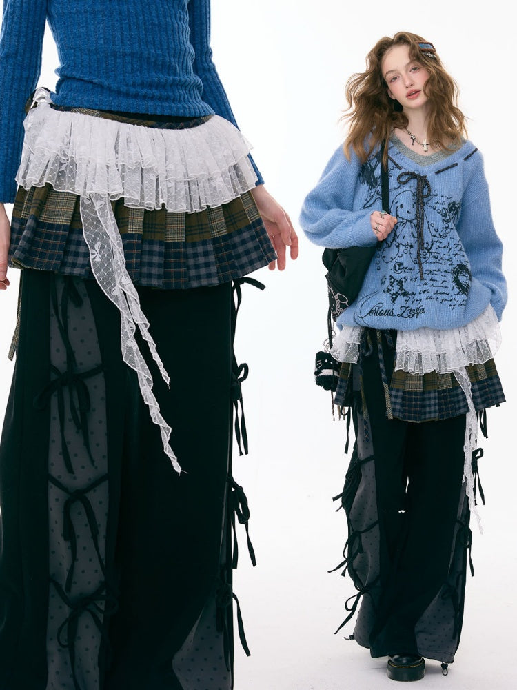 Multi-Plaid Deconstruction Splicing Double-Layer Lace Wandering Fart Curtain【s0000015305】