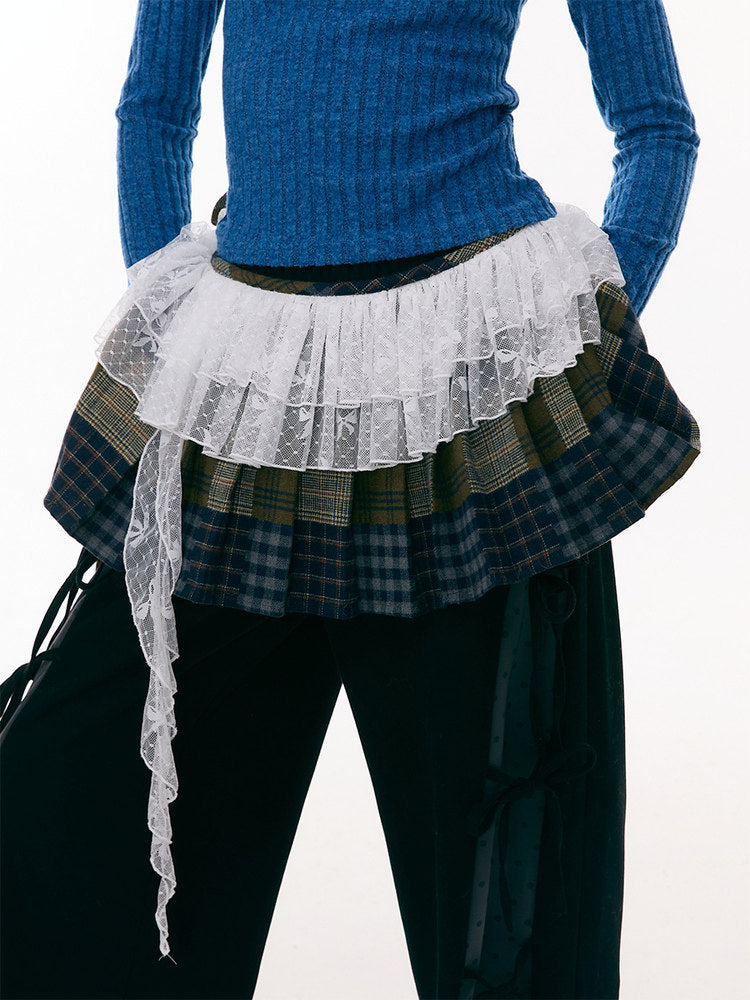 Multi-Plaid Deconstruction Splicing Double-Layer Lace Wandering Fart Curtain【s0000015305】