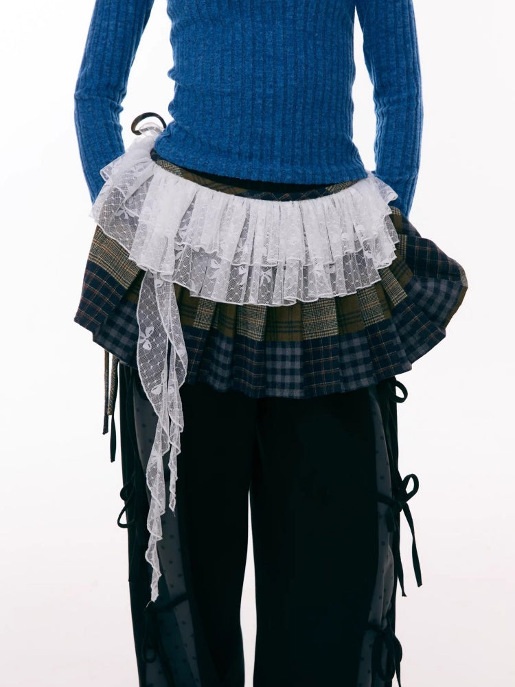 Multi-Plaid Deconstruction Splicing Double-Layer Lace Wandering Fart Curtain【s0000015305】