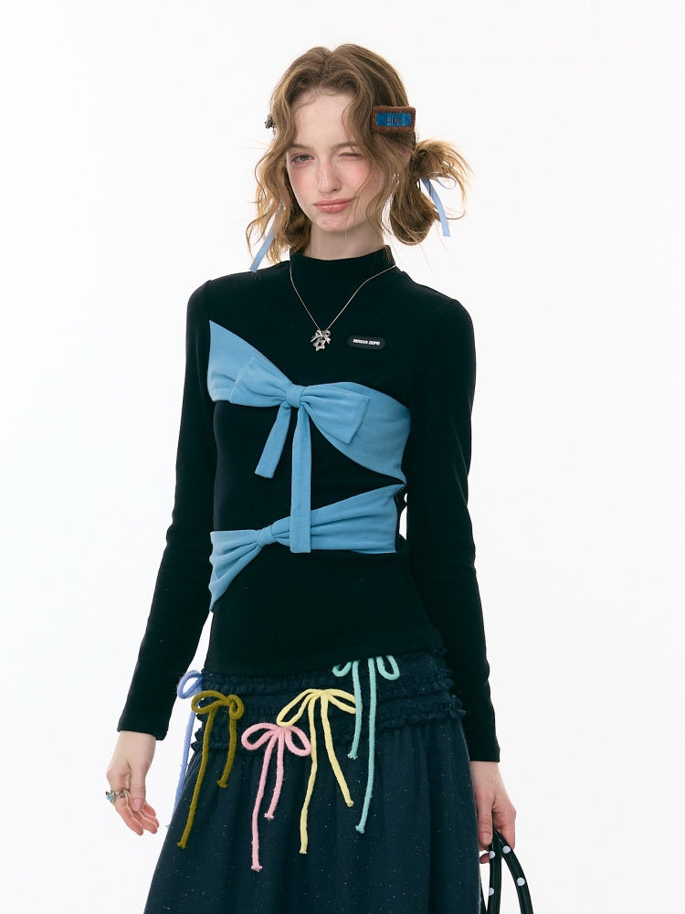 Contrast Color Slimming Bow Long Sleeve T-Shirt Knitted Top【s0000015308】