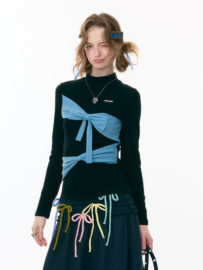 Contrast Color Slimming Bow Long Sleeve T-Shirt Knitted Top【s0000015308】