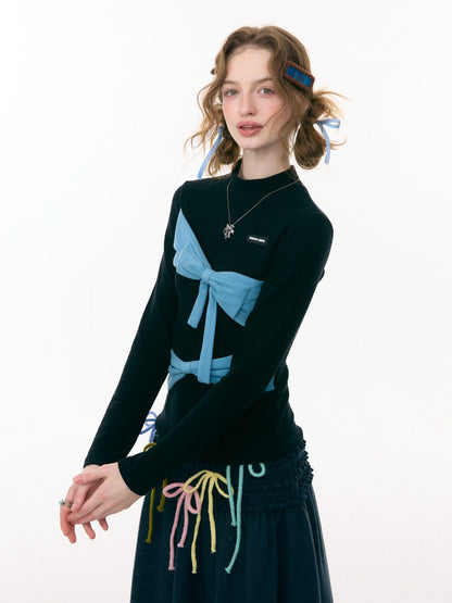 Contrast Color Slimming Bow Long Sleeve T-Shirt Knitted Top【s0000015308】