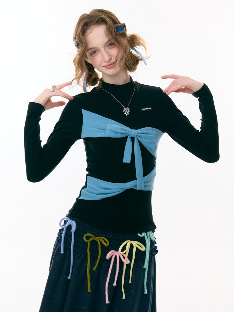 Contrast Color Slimming Bow Long Sleeve T-Shirt Knitted Top【s0000015308】