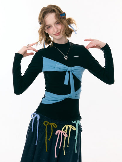 Contrast Color Slimming Bow Long Sleeve T-Shirt Knitted Top【s0000015308】