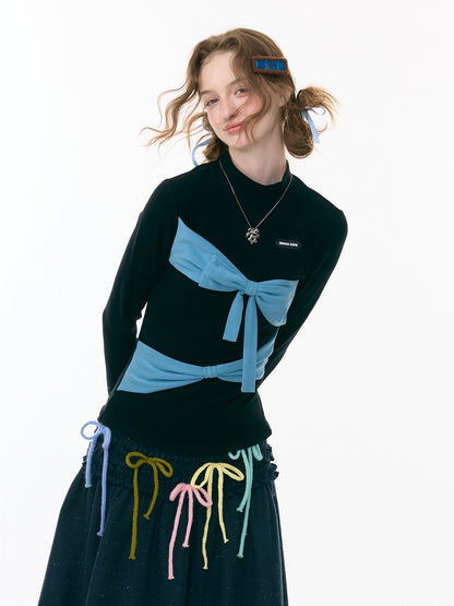 Contrast Color Slimming Bow Long Sleeve T-Shirt Knitted Top【s0000015308】