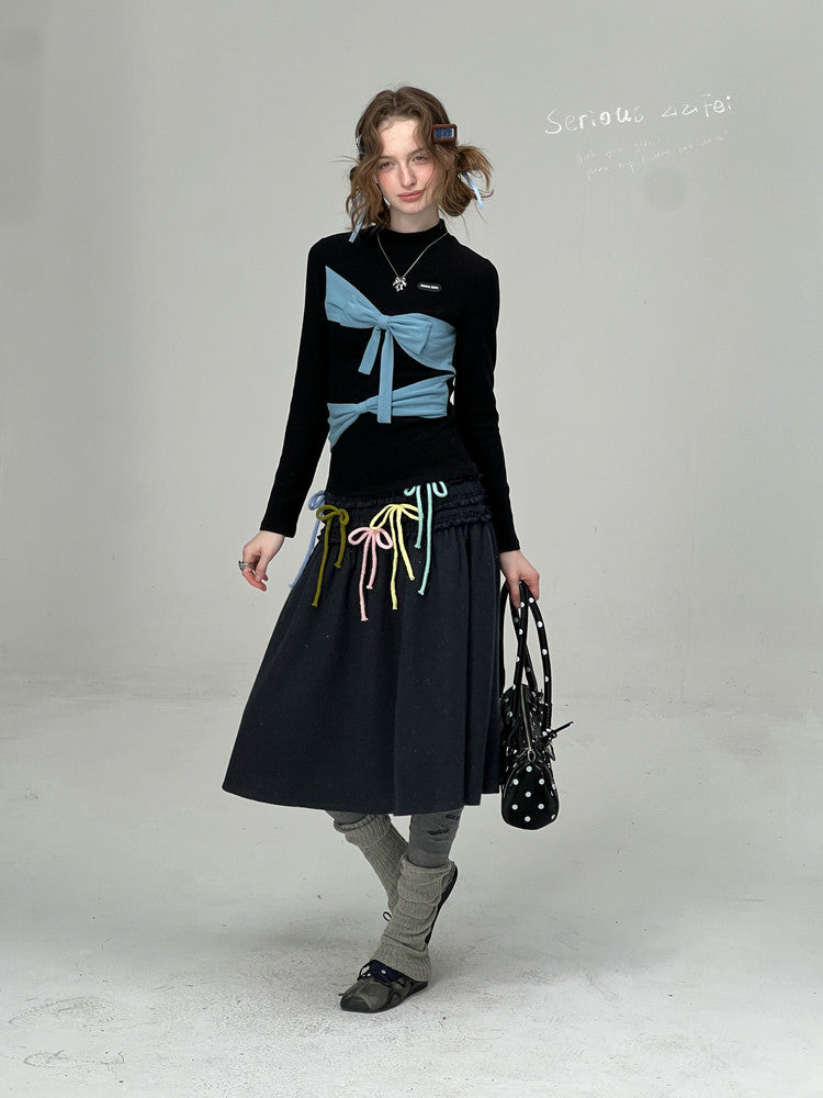 Contrast Color Slimming Bow Long Sleeve T-Shirt Knitted Top【s0000015308】