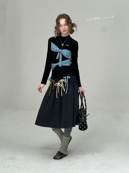 Contrast Color Slimming Bow Long Sleeve T-Shirt Knitted Top【s0000015308】