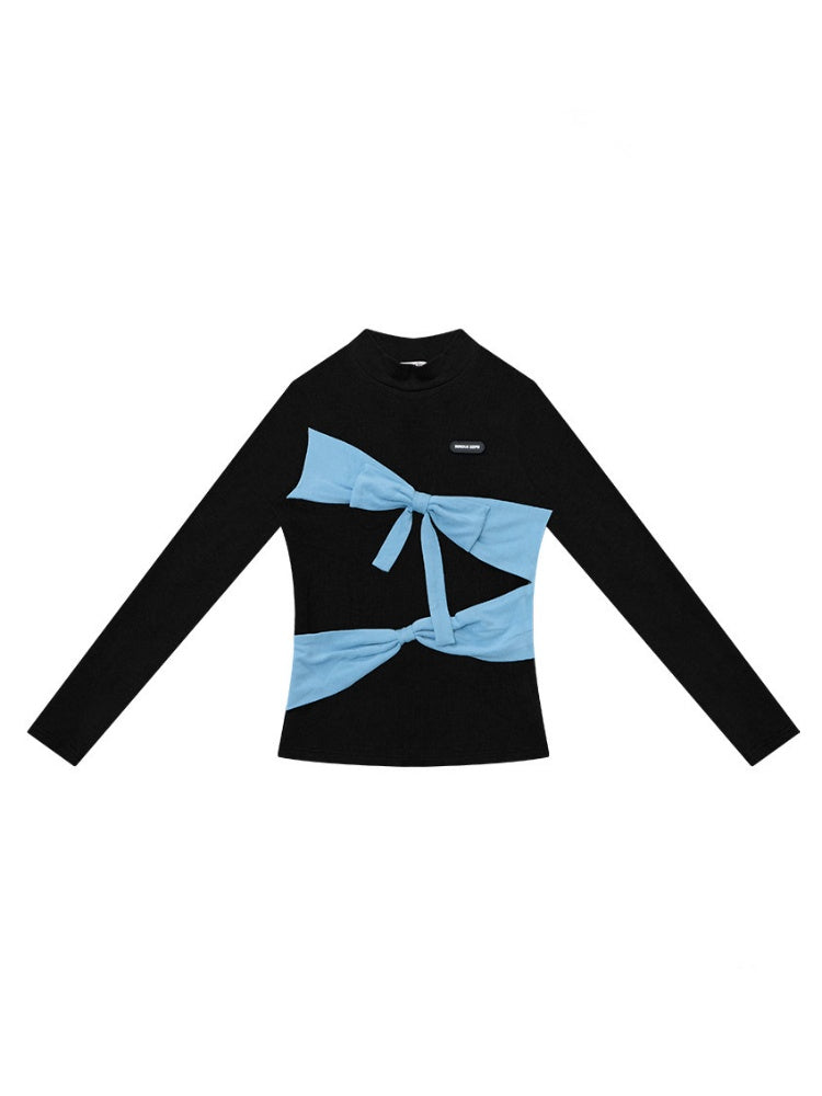 Contrast Color Slimming Bow Long Sleeve T-Shirt Knitted Top【s0000015308】