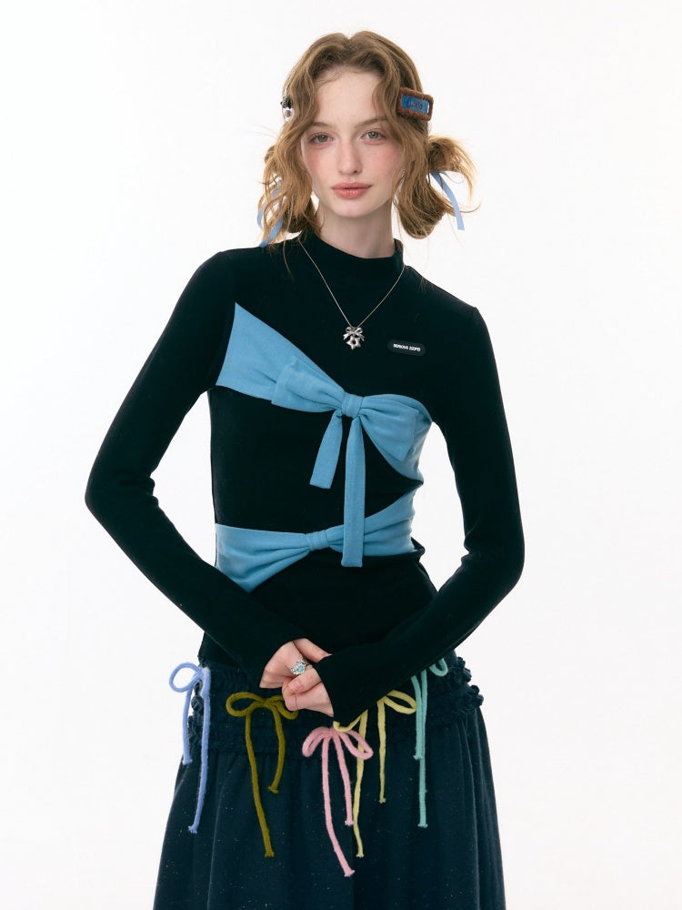 Contrast Color Slimming Bow Long Sleeve T-Shirt Knitted Top【s0000015308】