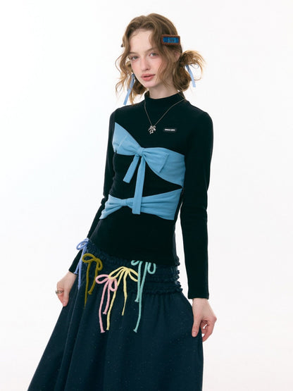 Contrast Color Slimming Bow Long Sleeve T-Shirt Knitted Top【s0000015308】