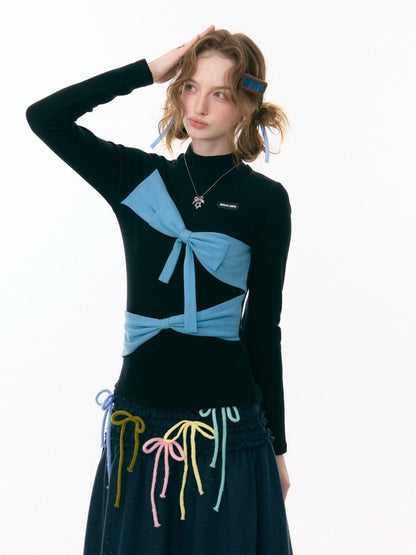 Contrast Color Slimming Bow Long Sleeve T-Shirt Knitted Top【s0000015308】