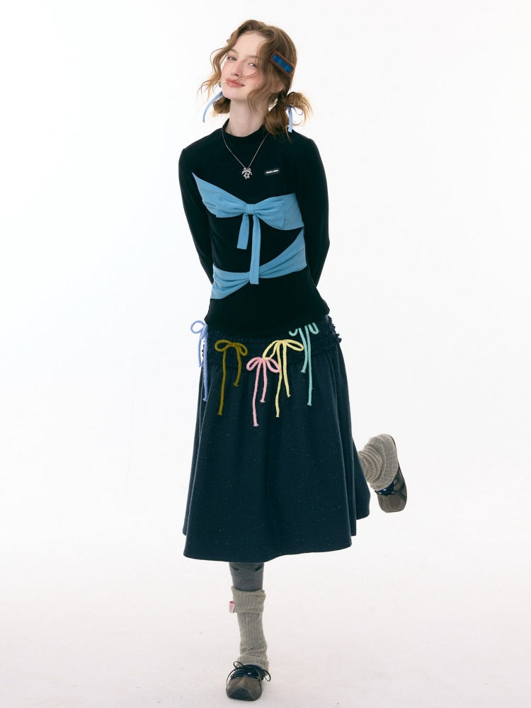 Contrast Color Slimming Bow Long Sleeve T-Shirt Knitted Top【s0000015308】