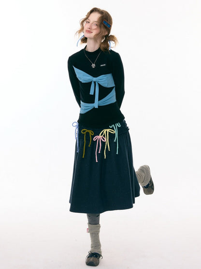 Contrast Color Slimming Bow Long Sleeve T-Shirt Knitted Top【s0000015308】