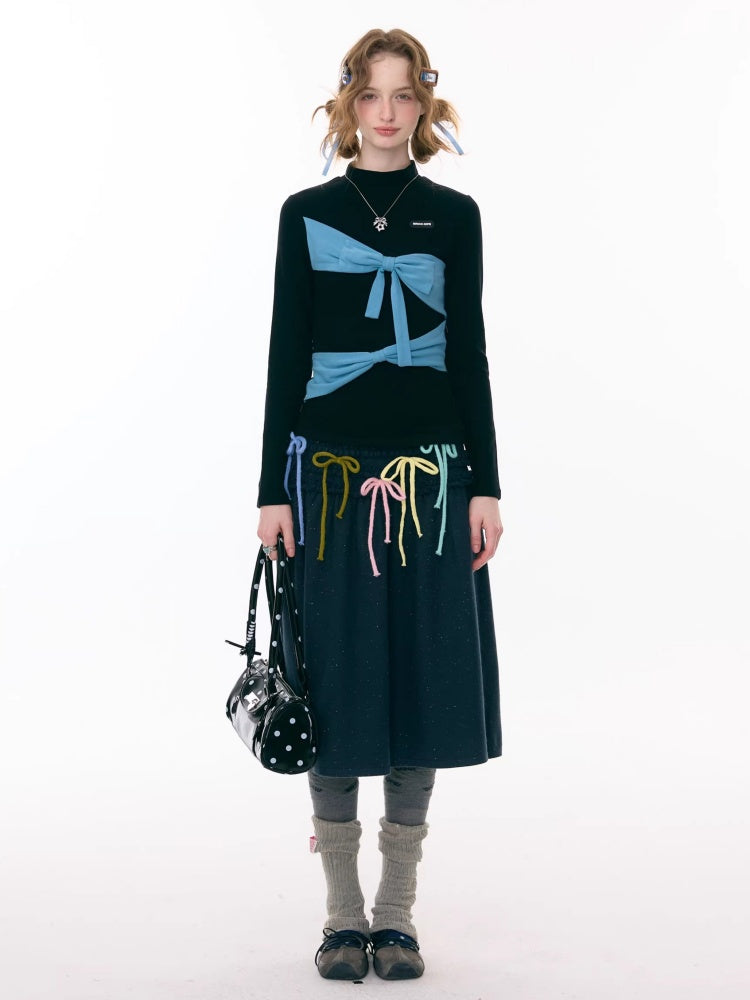 Contrast Color Slimming Bow Long Sleeve T-Shirt Knitted Top【s0000015308】