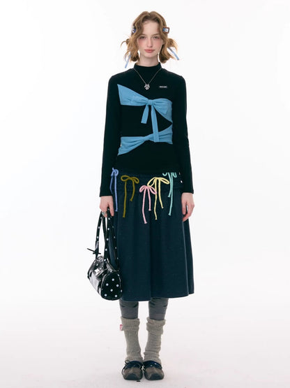 Contrast Color Slimming Bow Long Sleeve T-Shirt Knitted Top【s0000015308】