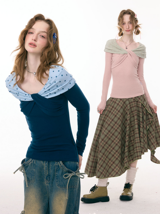 Star Polka Dot Slim Long Sleeve T-Shirt Knitted Top【s0000015309】