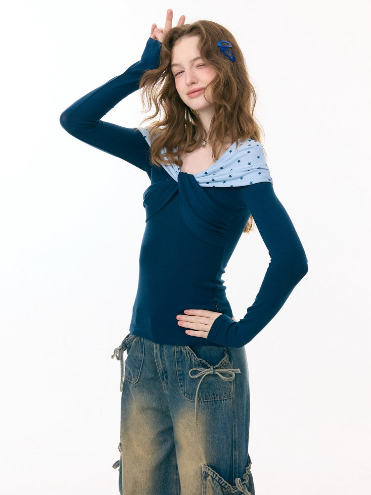 Star Polka Dot Slim Long Sleeve T-Shirt Knitted Top【s0000015309】