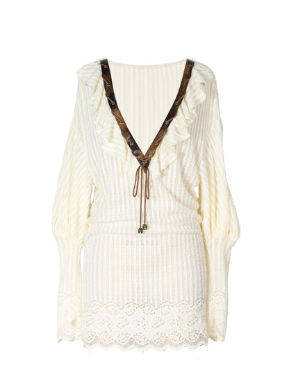 Lantern Sleeve Gal Sexy Deep V Two Knitted Dress Tops【s0000015311】