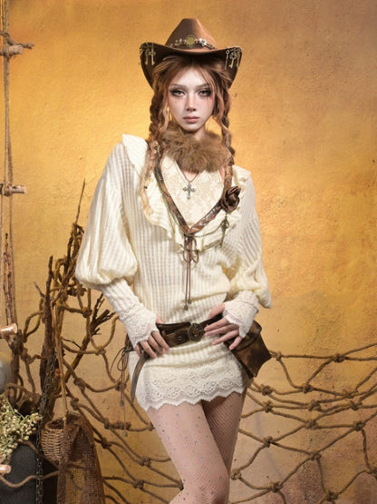 Lantern Sleeve Gal Sexy Deep V Two Knitted Dress Tops【s0000015311】