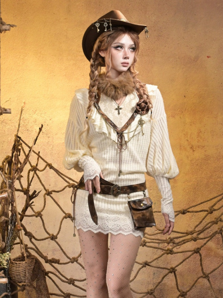 Lantern Sleeve Gal Sexy Deep V Two Knitted Dress Tops【s0000015311】