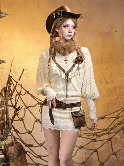Lantern Sleeve Gal Sexy Deep V Two Knitted Dress Tops【s0000015311】