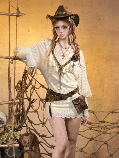 Lantern Sleeve Gal Sexy Deep V Two Knitted Dress Tops【s0000015311】