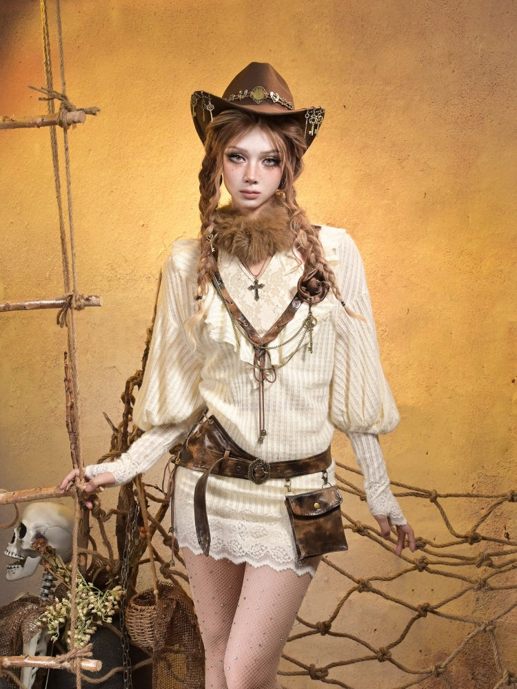 Lantern Sleeve Gal Sexy Deep V Two Knitted Dress Tops【s0000015311】