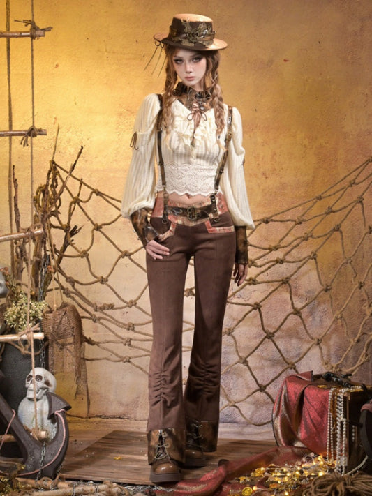 Low-Waisted Spice Lace Vintage Distressed Bootcut Bib Pants【s0000015312】