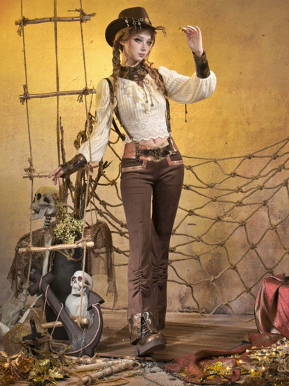 Low-Waisted Spice Lace Vintage Distressed Bootcut Bib Pants【s0000015312】