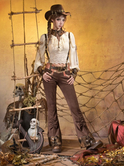 Low-Waisted Spice Lace Vintage Distressed Bootcut Bib Pants【s0000015312】