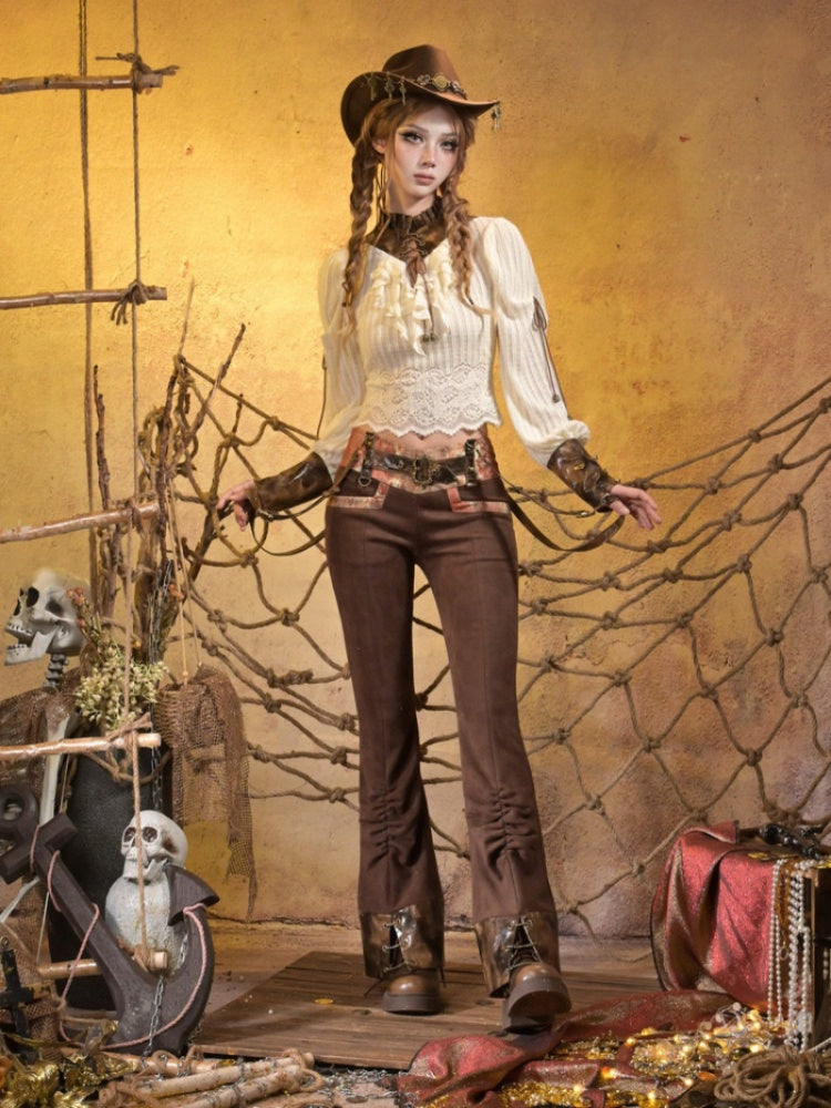 Low-Waisted Spice Lace Vintage Distressed Bootcut Bib Pants【s0000015312】