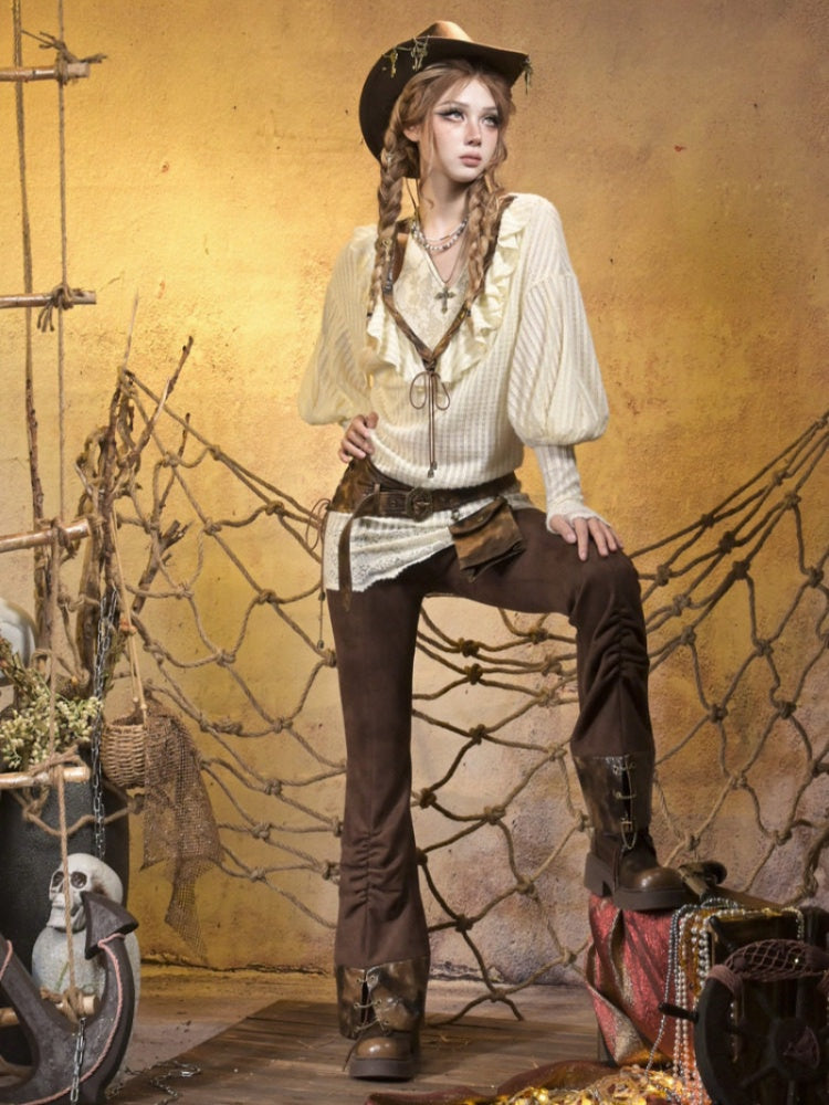 Low-Waisted Spice Lace Vintage Distressed Bootcut Bib Pants【s0000015312】