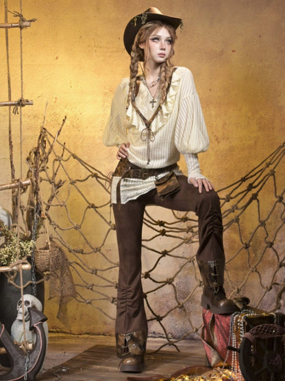 Low-Waisted Spice Lace Vintage Distressed Bootcut Bib Pants【s0000015312】
