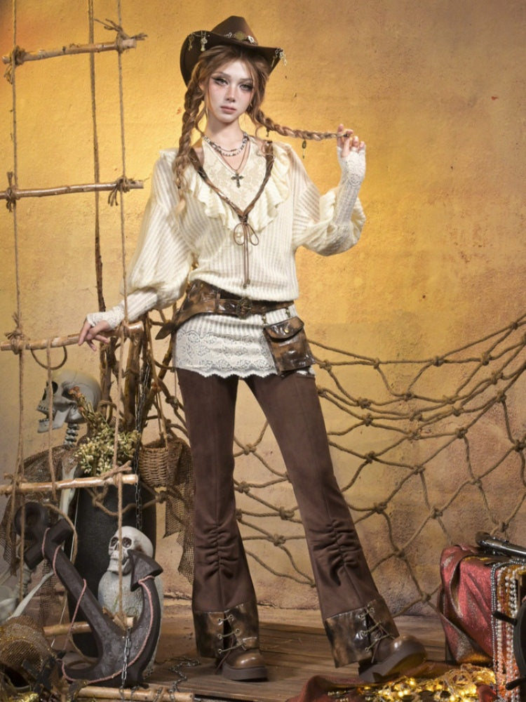 Low-Waisted Spice Lace Vintage Distressed Bootcut Bib Pants【s0000015312】
