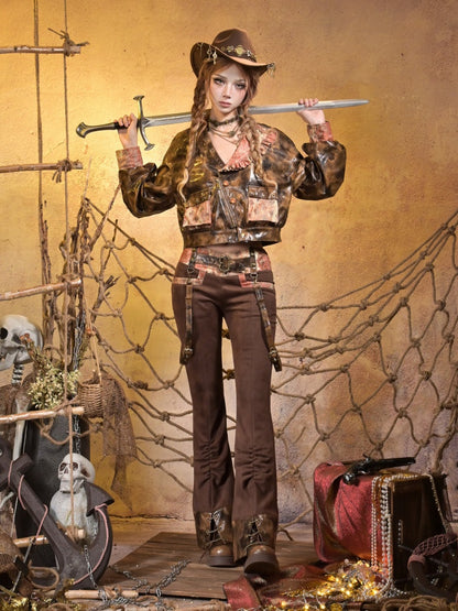 Low-Waisted Spice Lace Vintage Distressed Bootcut Bib Pants【s0000015312】