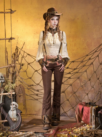 Low-Waisted Spice Lace Vintage Distressed Bootcut Bib Pants【s0000015312】