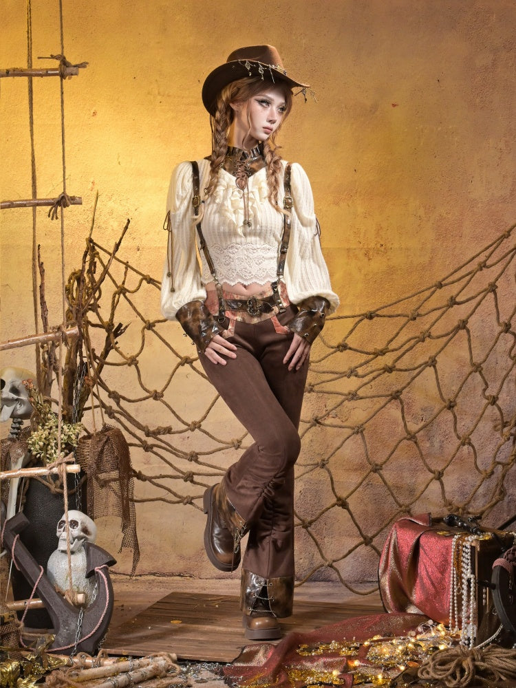 Low-Waisted Spice Lace Vintage Distressed Bootcut Bib Pants【s0000015312】