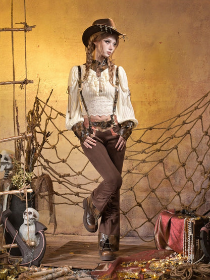 Low-Waisted Spice Lace Vintage Distressed Bootcut Bib Pants【s0000015312】