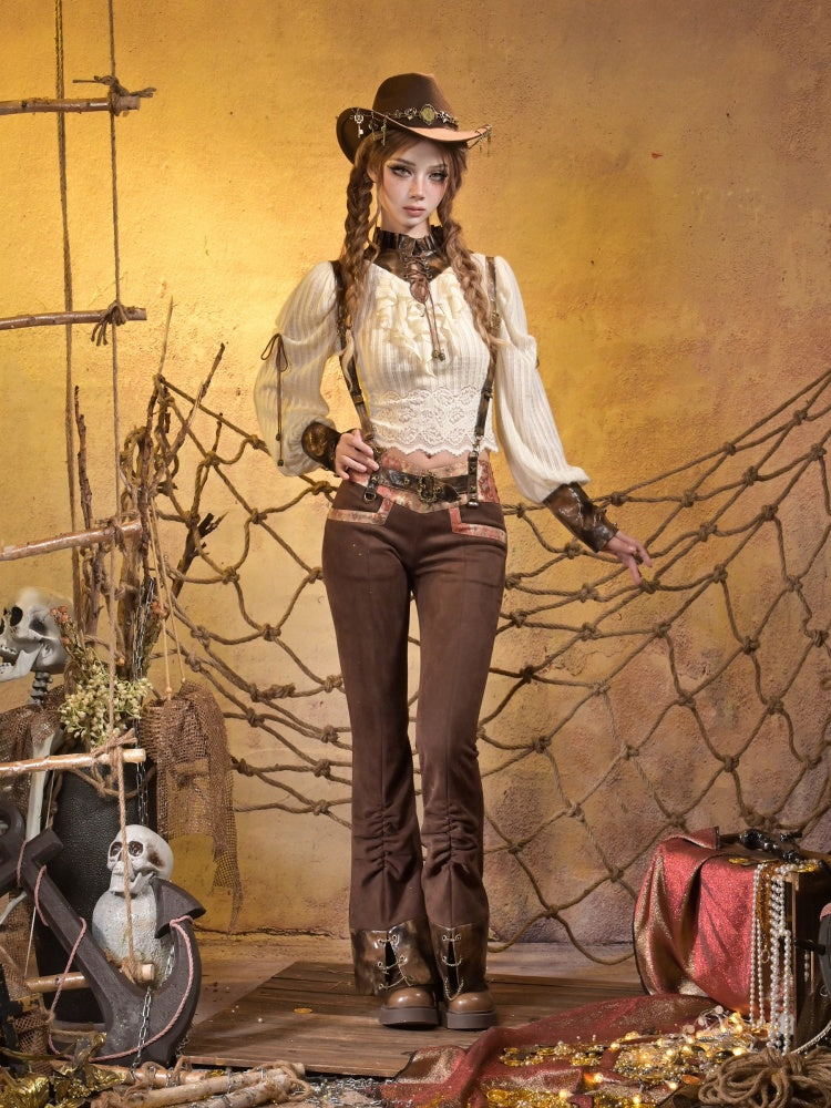 Low-Waisted Spice Lace Vintage Distressed Bootcut Bib Pants【s0000015312】